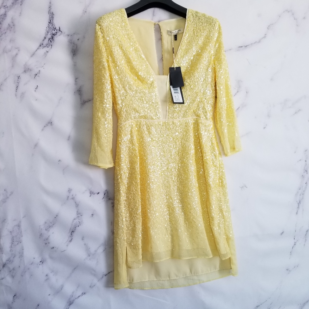 HALSTON Yellow Sequin Short Dress, Size 0
